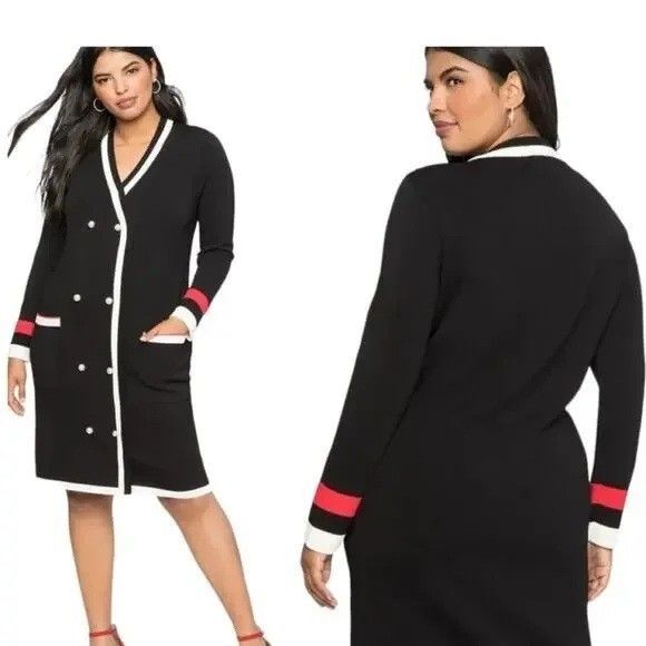 Eloquii Chunky Pearl Button Stretch Sweater Dress black red white size 22/24 3X - Picture 1 of 12